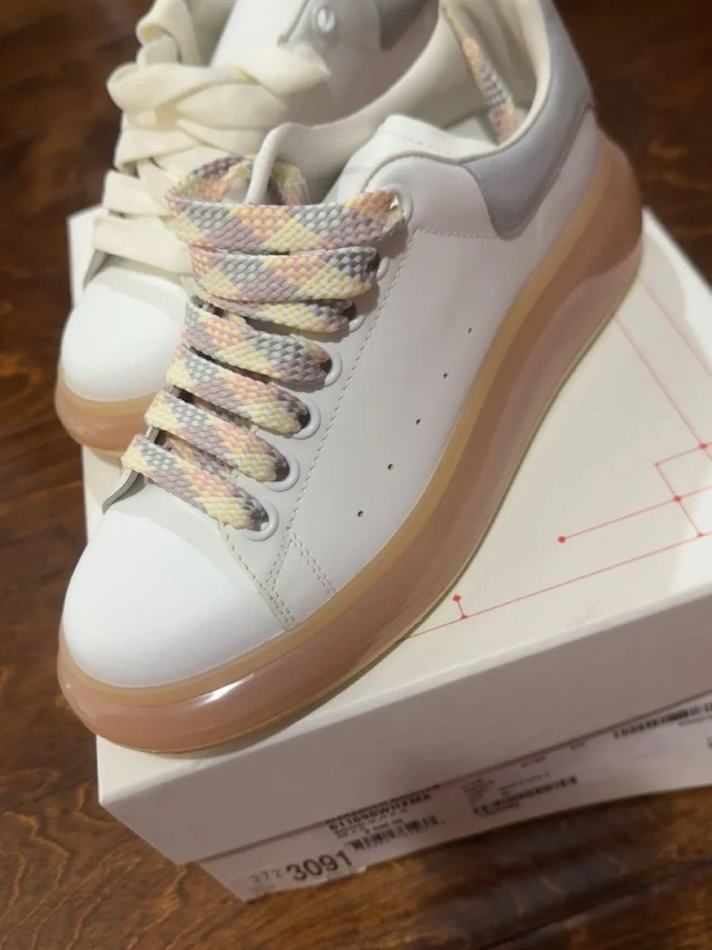 Alexander McQueen White Leather Platform Sneaker with Pastel Multicolor Laces